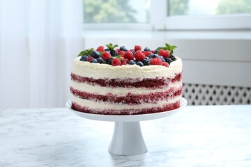 Tasty sponge cake with different berries and mint on white marble table indoors