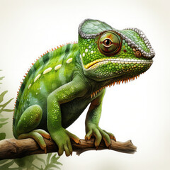 Obraz premium Watercolor Green color chameleon close up, clipart Illustration, Generative Ai