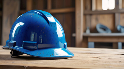 Construction safety concept and safety blue helmet on wooden table with wood background. Generative AI