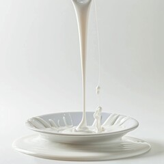 Medium shot of white thick liquid drips from spatula into a bowl, isolated on a white background, 