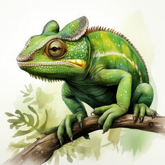 Fototapeta premium Watercolor Green color chameleon close up, clipart Illustration, Generative Ai