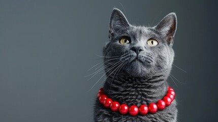 Gray cat posing in photo studio with red necklace on gray background