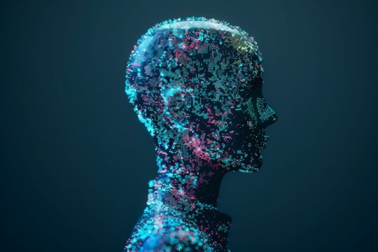 A digital head composed of particles highlighting the complexity and fragmentation of human thought