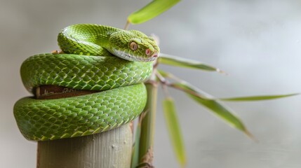 Obraz premium Vibrant green snake is coiled around a bamboo branch, its scales catching the light. The snake's body is wrapped tightly, creating a sense of coiled power and tranquility