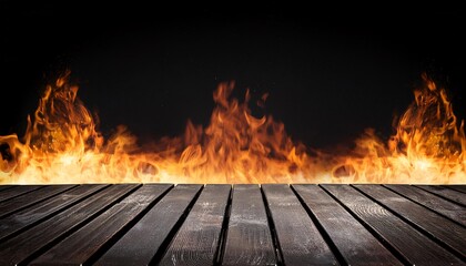 Old hot wooden table close-up and fire in dark background Grill Background
