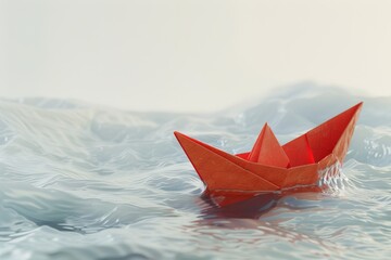 Obraz premium Origami red boat floating on calm waters idea of childhood and dreams.