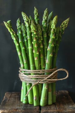Imagen de esp&aacute;rragos atados con una cuerda muy natural y sano sobre mesa de color oscuro. Comida verde. fotograf&iacute;a gastron&oacute;mica.