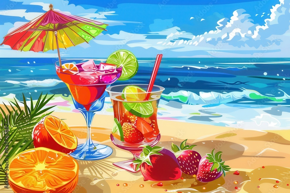 Poster two colorful cocktails with fruit garnishes sit on a sandy beach with an ocean backdrop and a beach 