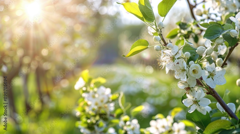 Canvas Prints blossoming trees with white flowers and green leaves in a vibrant orchard on a sunny day