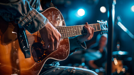 Naklejka premium Country musician sitting on a stage and playing on a guitar