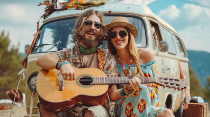 Happy hippie couple with guitar outside van