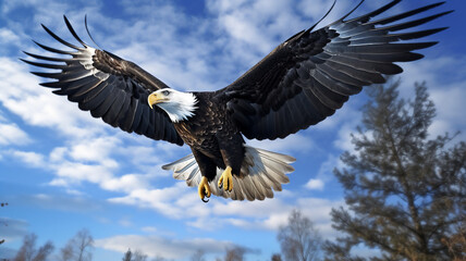 A pair of bald eagle soaring through the air with a background of blue sky during the middle of the day 