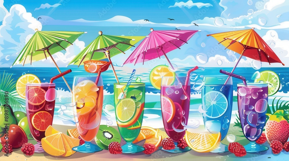 Poster a row of colorful cocktails garnished with fruit and umbrellas sits on a sandy beach with the ocean 