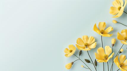 Fototapeta premium Banner with yellow flowers on an isolated pastel background – a greeting card template 