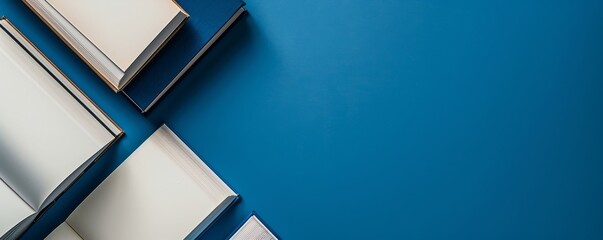 Stack of blue books with white pages against a vibrant blue background