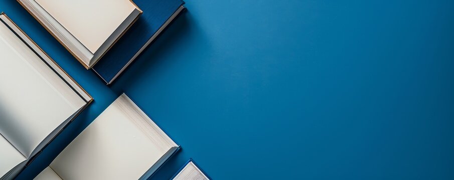 Stack of blue books with white pages against a vibrant blue background