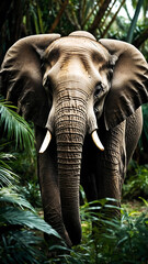A majestic, ancient elephant stands tall amidst a lush, verdant jungle.