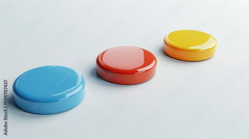 Poster three glossy, round objects with a reflective surface, placed on a flat, light background