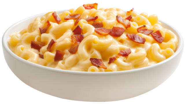 A bowl of creamy macaroni and cheese topped with crispy bacon bits.