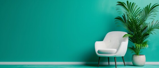  A white chair positioned next to a potted plant against a teal green wall In front of the wall, another white chair is placed