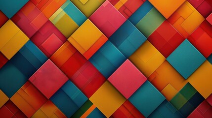 Fototapeta premium Vibrant, abstract composition of geometric shapes, specifically squares and rectangles, in a variety of colors including red, blue, yellow, green, and orange