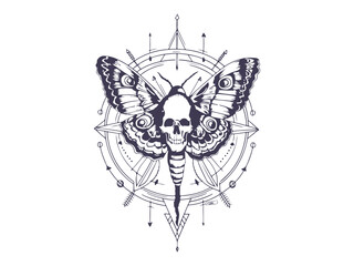 Mystic Celestial Moth. Magic Moon, Vertical Tattoo sketch Silhouette.
