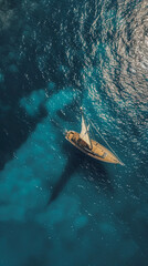 A panorama of a sailboat with white sails sailing on a calm blue ocean an aerial top view of a paradise during the day 