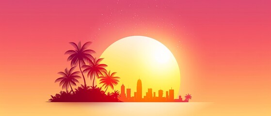  A sunset with palm trees in the foreground and a city silhouette on a hill in the background
