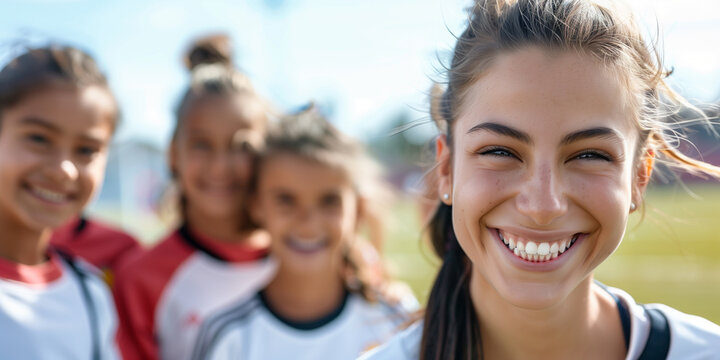 Mädchen im Trikot steht mit ihrer Mannschaft auf dem Sportplatz