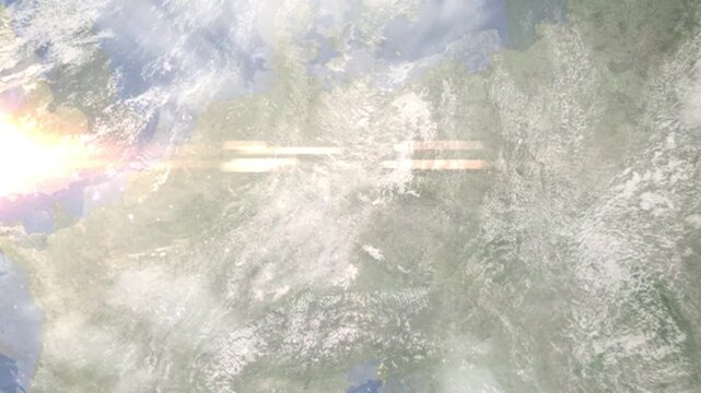 Earth zoom in from space and focus on Zwickau, Germany. Background for travel intro or blog. Satellite view. 3D style Animation. Images from NASA.