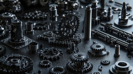 Black gears on dark background representing precision engineering and teamwork, depicting machinery and technology in detail