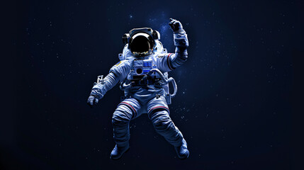 Fototapeta premium A funny dancing astronaut in a space suit on a black background, representing humor and entertainment.