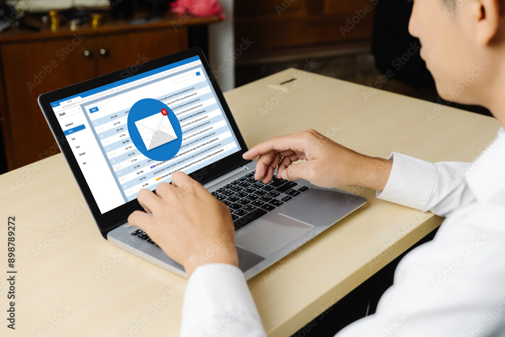 Poster email notification message showing on computer screen snugly. digital marketing message information 