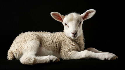 A cute baby sheep laying down with an isolated black background 
