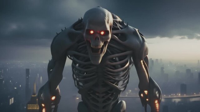 Skeleton giant monster with red glowing eyes, towering over the city coated by the fog. Anime apocalypse concept, monster attack. High quality 4k footage