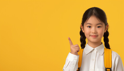 Back-To-School Sales. Joyful Schoolgirl Pointing Thumb At Empty Space For Text. Yellow Background, 1 September school day, school girl 