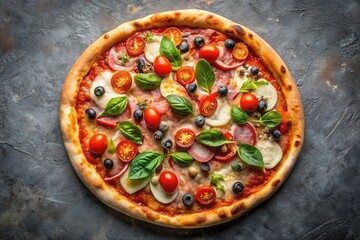 Capricciosa pizza with cheese, bacon, tomatoes, mushrooms and basil, italian meal. Baked neapolitan pizza with artichokes