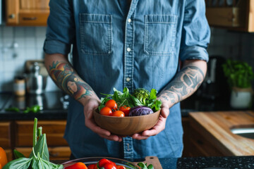 Tattoed man holding bowl with vegetables