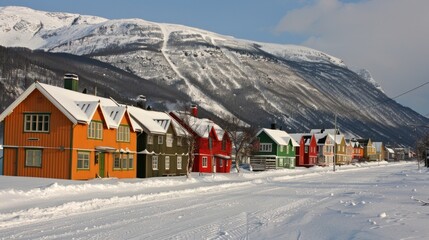 Obraz premium A row of colorful houses sit on a snowy street. The houses are all different colors, including red, green, and yellow