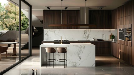 Contemporary kitchen with a waterfall countertop 