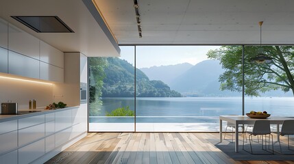 Contemporary kitchen with a wide horizontal lake-view window 