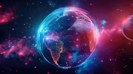 Naklejka premium Metaverse digital world cyber space background, neon colorful global world in cyber space, future energy power technology and internet connection concept