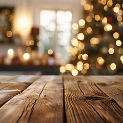 Cozy Christmas Ambiance with Rustic Wooden Table and Sparkling Tree