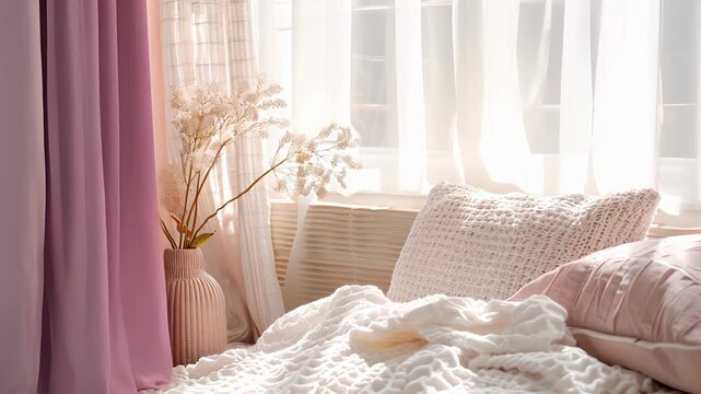 Soft flowy ds in a light pastel hue creating a dreamy and relaxed ambience in a cozy reading nook.