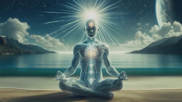 At a breathtaking coastal spot, a man meditates nude, immersed in nature. His visible chakras and auras glow brightly, symbolizing a profound connection to the ocean and a state of inner harmony.