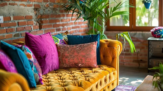An eclectic living room with a textured brick wall showcasing a mix of colors and patterns creating a bold and vibrant space.