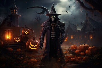 Witch in halloween costume with pumpkin on dark background