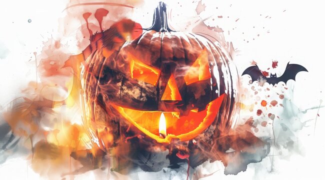 haloween pumpkin jek smiling with candel inside, the bat is on it Digital illustration, white background, watercolour style --ar 9:5 --stylize 50 Job ID: bcf1aa2c-8781-4417-810a-0f32dd96d2e1