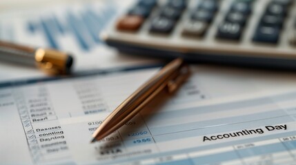 A gold pen rests on a spreadsheet with the words Accounting Day written on it