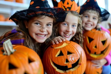 Fototapeta premium happy children in Halloween costumes at a festive pumpkin celebration
